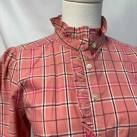 Loft Plaid Ruffle Button Up Blouse Pink Long Sleeve Women SP Preppy Spring New - Picture 3 of 15